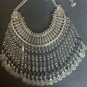 Boho Silver Coin Statement Choker Gypsy Tassel Necklace Jewelry